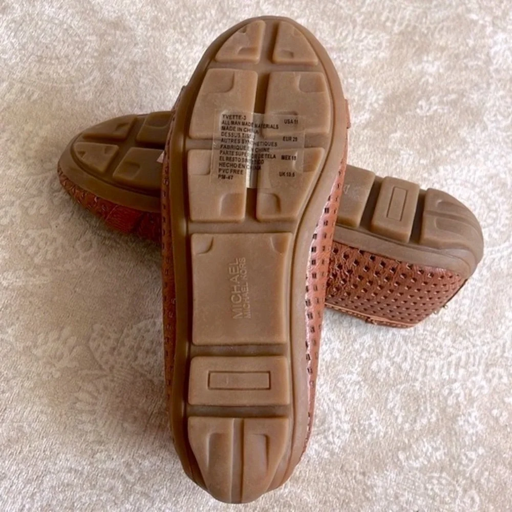 Brand New Michael Kors Yvette Cognac Flats Slip On Shoes Gold Tone Locket Accent